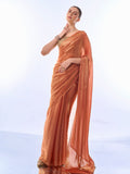 Gold Toned Metallic Orange Organza Saree With Blouse Piece