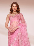 Pink Orgnza Tissue Saree With Blouse Piece