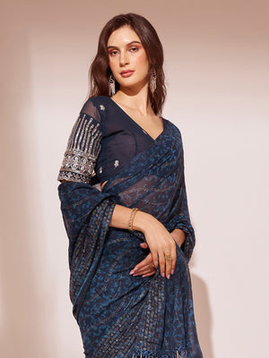 Navy Blue Printed Georgette Saree With Blouse Piece