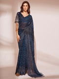 Navy Blue Printed Georgette Saree With Blouse Piece