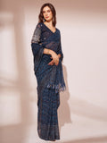 Navy Blue Printed Georgette Saree With Blouse Piece