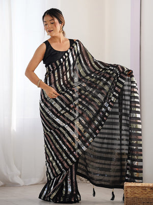 Black Georgette Embellished Sequined Saree Saree With Blouse Piece