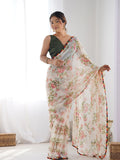 Off White Georgette Printed Designer Saree Saree With Blouse Piece