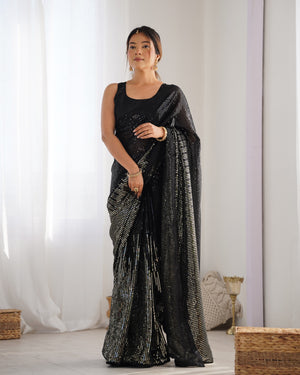 Black Georgette Embellished Sequined Saree Saree With Blouse Piece