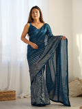 Teal Georgette Embellished Sequined Saree Saree With Blouse Piece