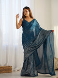 Teal Georgette Embellished Sequined Saree Saree With Blouse Piece