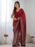 Red Georgette Embellished Sequined Saree Saree With Blouse Piece