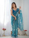 Teal Soft Net Embellished Designer Saree Saree With Blouse Piece