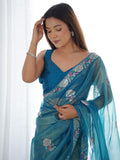 Teal Soft Net Embellished Designer Saree Saree With Blouse Piece