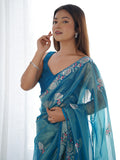 Teal Soft Net Embellished Designer Saree Saree With Blouse Piece