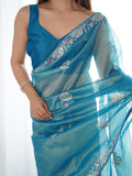 Teal Soft Net Embellished Designer Saree Saree With Blouse Piece