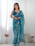 Teal Soft Net Embellished Designer Saree Saree With Blouse Piece