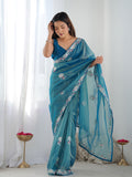 Teal Soft Net Embellished Designer Saree Saree With Blouse Piece