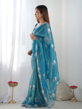 Teal Soft Net Embellished Designer Saree Saree With Blouse Piece