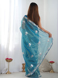 Teal Soft Net Embellished Designer Saree Saree With Blouse Piece