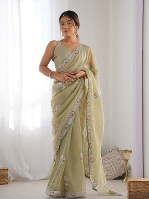 Lime Green Soft Net Embellished Designer Saree Saree With Blouse Piece