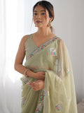 Lime Green Soft Net Embellished Designer Saree Saree With Blouse Piece