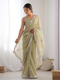 Lime Green Soft Net Embellished Designer Saree Saree With Blouse Piece