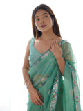 Sea Green Soft Net Embellished Designer Saree Saree With Blouse Piece