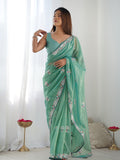 Sea Green Soft Net Embellished Designer Saree Saree With Blouse Piece