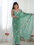 Sea Green Soft Net Embellished Designer Saree Saree With Blouse Piece