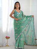 Sea Green Soft Net Embellished Designer Saree Saree With Blouse Piece