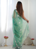 Sea Green Soft Net Embellished Designer Saree Saree With Blouse Piece