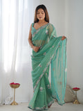 Sea Green Soft Net Embellished Designer Saree Saree With Blouse Piece