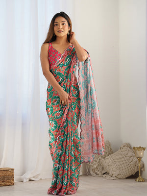 Multicolor Chinon Printed Designer Saree Saree With Blouse Piece