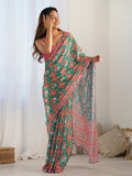 Multicolor Chinon Printed Designer Saree Saree With Blouse Piece