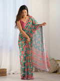 Multicolor Chinon Printed Designer Saree Saree With Blouse Piece