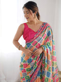 Multicolor Chinon Printed Designer Saree Saree With Blouse Piece