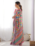 Multicolor Chinon Printed Designer Saree Saree With Blouse Piece