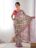 Multicolor Chinon Printed Designer Saree Saree With Blouse Piece