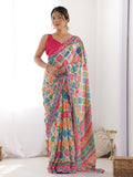 Multicolor Chinon Printed Designer Saree Saree With Blouse Piece