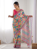 Multicolor Chinon Printed Designer Saree Saree With Blouse Piece