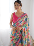 Multicolor Chinon Printed Designer Saree Saree With Blouse Piece