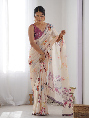 Multicolor Chinon Printed Designer Saree Saree With Blouse Piece