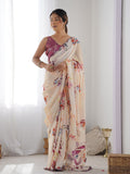 Multicolor Chinon Printed Designer Saree Saree With Blouse Piece