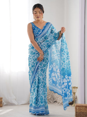 Blue Chinon Printed Designer Saree Saree With Blouse Piece