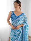 Blue Chinon Printed Designer Saree Saree With Blouse Piece