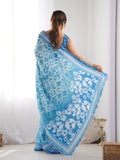 Blue Chinon Printed Designer Saree Saree With Blouse Piece