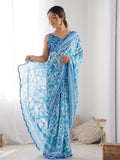 Blue Chinon Printed Designer Saree Saree With Blouse Piece