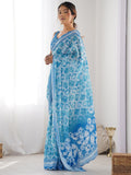 Blue Chinon Printed Designer Saree Saree With Blouse Piece