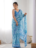 Blue Chinon Printed Designer Saree Saree With Blouse Piece