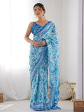 Blue Chinon Printed Designer Saree Saree With Blouse Piece