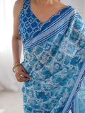 Blue Chinon Printed Designer Saree Saree With Blouse Piece