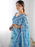 Blue Chinon Printed Designer Saree Saree With Blouse Piece