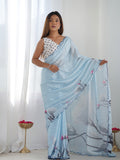 Blue Chinon Printed Designer Saree Saree With Blouse Piece