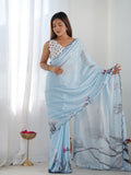 Blue Chinon Printed Designer Saree Saree With Blouse Piece